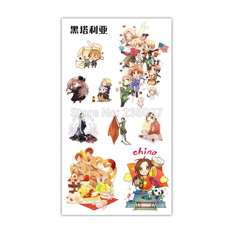 

30 листов/лот аниме Axis Power Hetalia татуировки наклейки Детские татуировки бумага для детей наклейки на руку тела