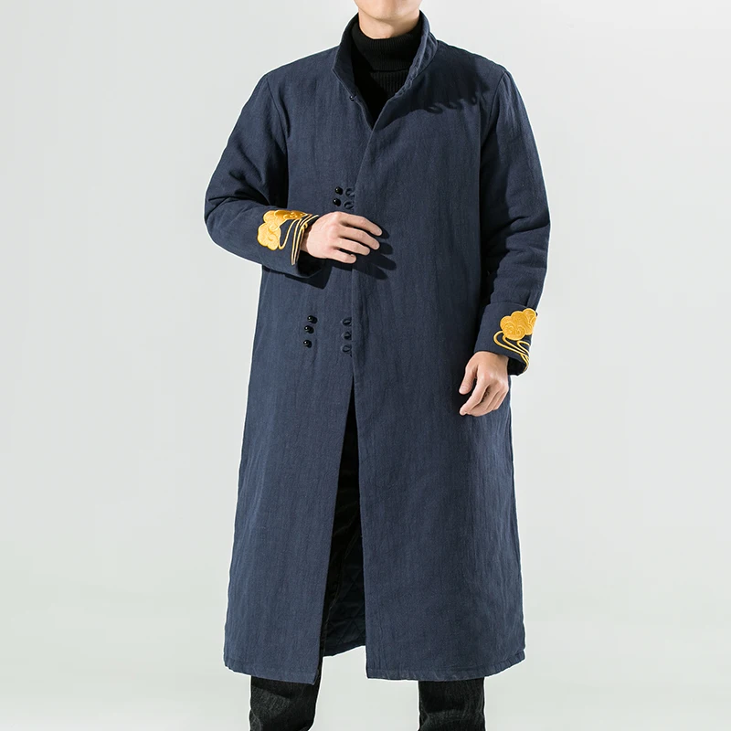 

2022 Winter Men Cotton Padded Jackets Mens Traditional Chinese Long Parkas Coats Male Vintage Embroidery Robe Trench