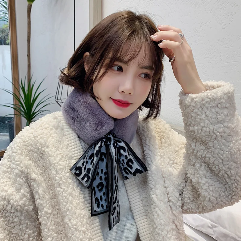Зимний плюшевый галстук шелковый леопардовый воротник с кроличьим мехом теплый