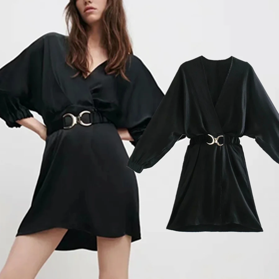 

MD Spring England Style Fashion High Street V-neck Solid Satin Casual Sexy Party Mini Dress Women Vestidos Women With Belt