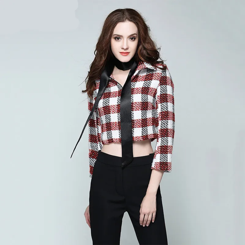 

2020 Spring High End Women Outerwear Fashion Coats Red Plaid Full Sleeve Short Jacket Casual Vintage Streetwear Woolen Coats