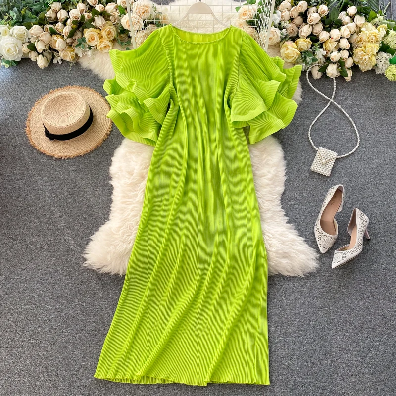 

Женское длинное Плиссированное Платье-туника, свободное повседневное элегантное платье-макси во французском стиле с рукавом-бабочкой и оборками, лето