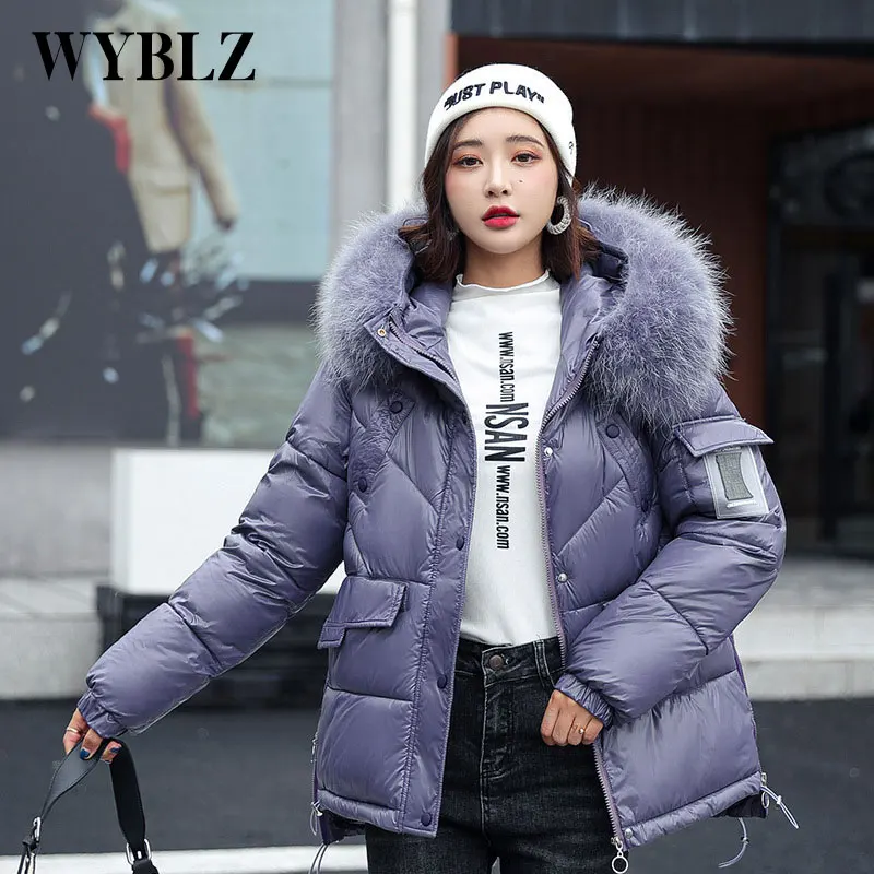 WYBLZ Winter Clothing Women Warm Cotton Jacket Hooded Fashion Padded Femme Parkas Coat Fur Collar Solid Color Loose Jackets 2021