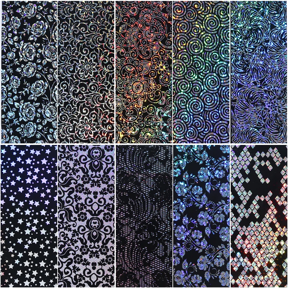 10pc Holographic Foils Nail Transfer Wraps Lace Flower Snowflake Clear Black Adhesive Sticker Set Nail Foil Gradient Tips CH1040