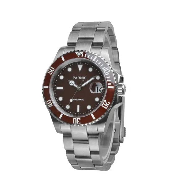 Мужские наручные часы Parnis коричневые автоматические механические с