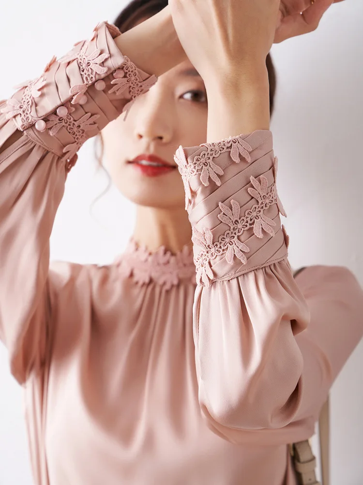 安い 新しいスパイラル刺繍レースヘビーシルクブラウス長袖シャツ桑シルクシャツ