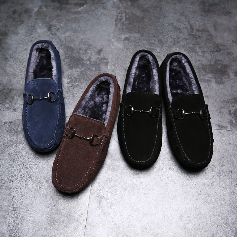Мужская повседневная обувь Модная Теплая мужская Зимние лоферы из натуральной