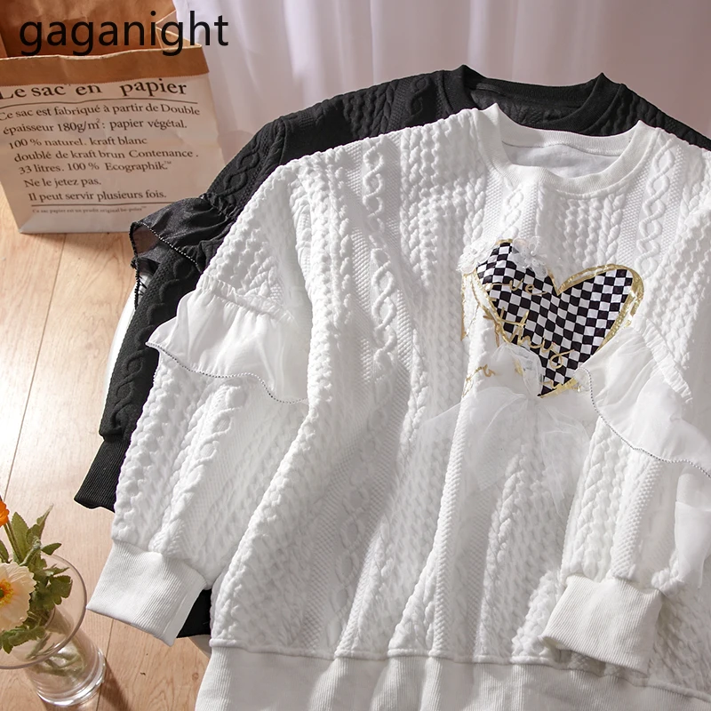 

Gaganight Women Love Plaid Mesh Stitching Pullover 2021 Autumn Winter New Korean Chic Casual Retro Long-sleeved Loose Thick Top