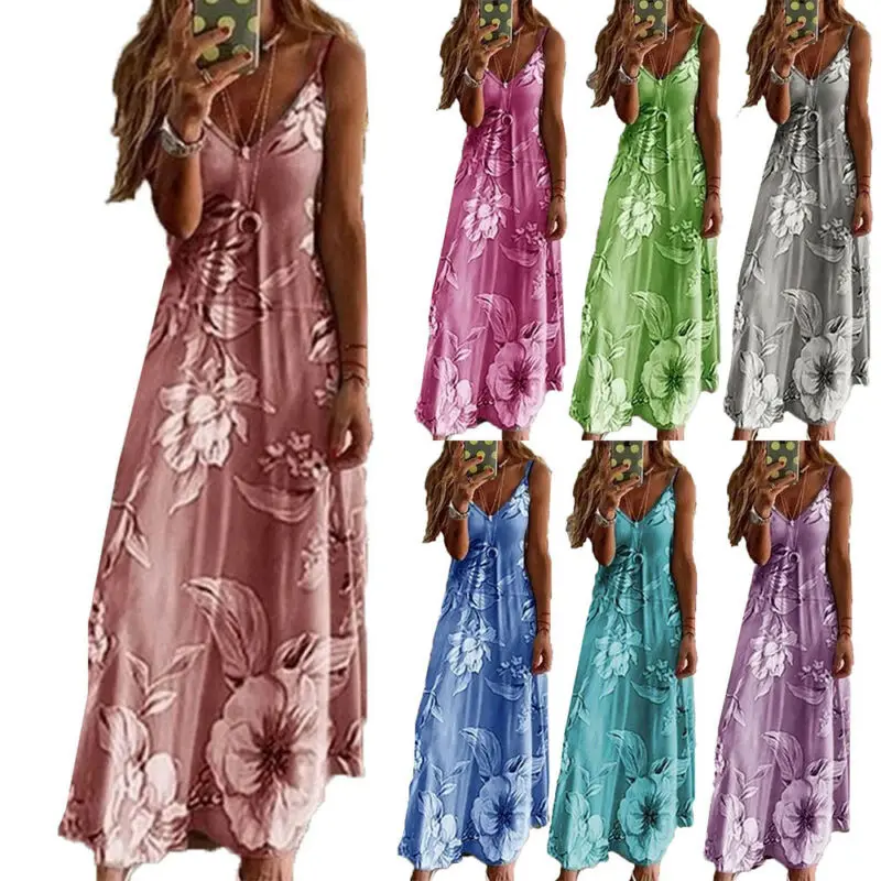 

Beachwear Maxi Dress Women Summer 2021Casual Spaghetti Strap Sexy Dress Women Deep V Neck Flower Printed Dress
