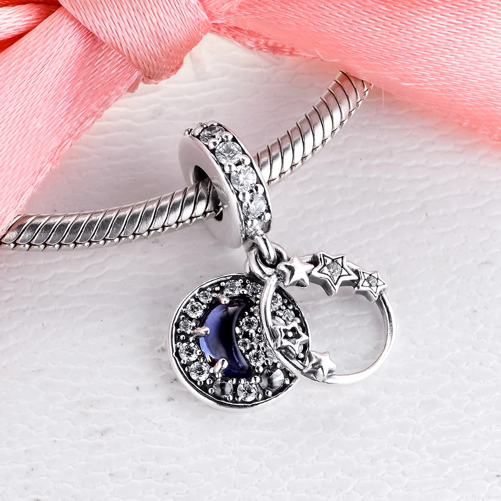 

Blue Night Sky Crescent Moon & Stars Fits Original Snake Chain Bracelets For Woman DIY Sterling Silver Jewelry 2020 Winter Beads