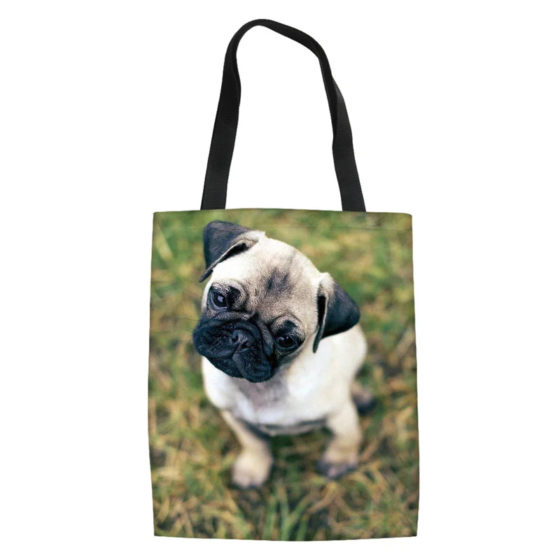 

New Cute Pug Printing Foldable Shopping Bags Women Shoulder Shopper Pouch Ladies Capacity Travel Storage Canvas Bag Torebki
