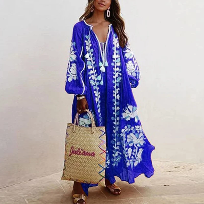 

Elegant Floral Print V-neck Long Dress Women 2020 Autumn Plus Size Lantern Long Sleeve Party Dress Casual Lace-up Maxi Dresses