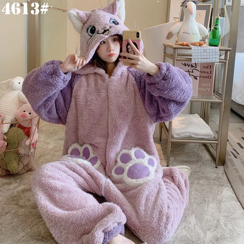 Flannel Pajamas One-piece Women's Coral Velvet Home Clothes Lovely Cartoon Hooded Pajamas Set Winter Pajamas