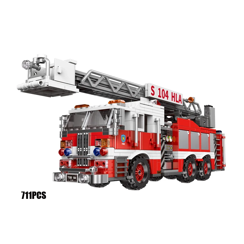 

City vehicle fire fighting elevating airport crash fire engine aerial ladder truck building block fireman figures bricks toys
