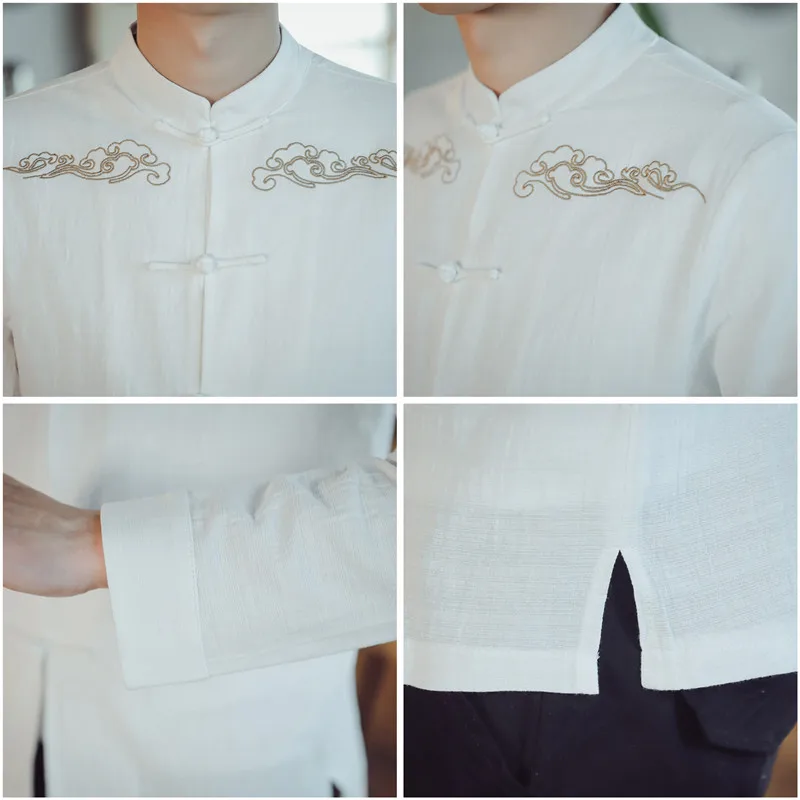 

Pure Color Men Cotton and Linen Shirts Chinese Retro Hand-buttoned Stand Collar Shirt Large Loose Comfortable Embroidery Clothes