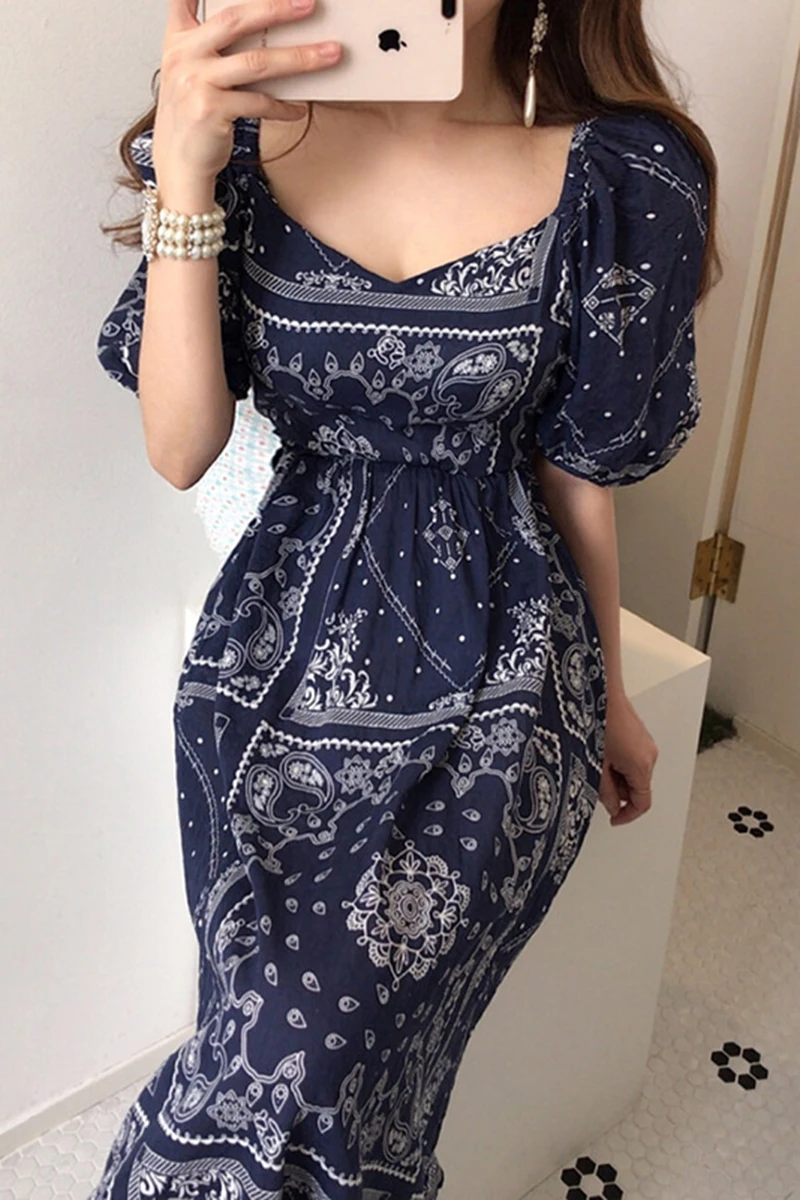 

Korean Fashion Vintage Chic Summer National Style Printted Square Collar Short Sleeve Long Dress Women Party Vestidos