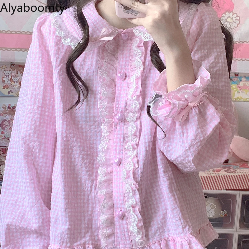 Женская блузка в японском стиле Лолита на весну и осень розовая черная синяя