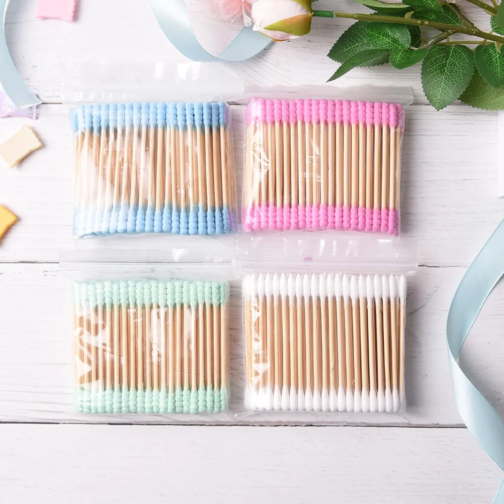 100PCS Cosmetic Cotton Swab Stick Double Head Ended Clean Cotton Buds Ear Clean Tools For Children Adult Pink Green