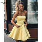 YUNUO желтые платья для выпускного вечера без бретелек Короткие трапециевидные коктейльные платья атласное короткое платье для выпускного вечера с карманами