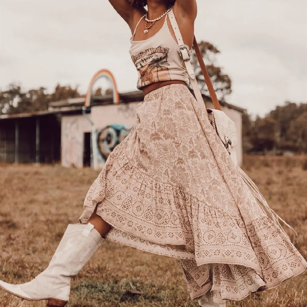 

2021 Vintage Chic Women Yellow Bohemian Floral Printed Long A-line Skirt High Elastic Waist Yellow Cotton Maxi Skirts Femme A698