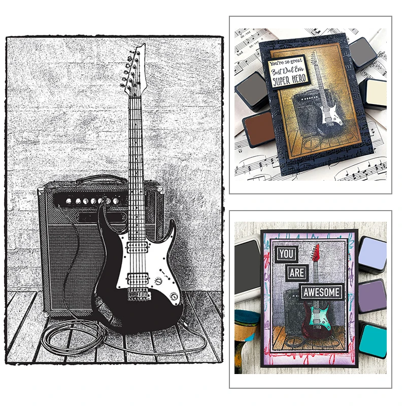 2021 neue retro musik elektrische gitarre muster transparent briefmarken für diy machen gruß karte scrapbooking keine metall schneiden stirb