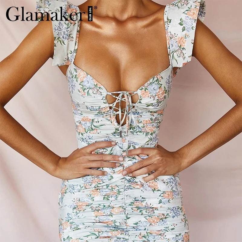 Glamaker сексуальное платье с рюшами и цветочным принтом облегающее короткое