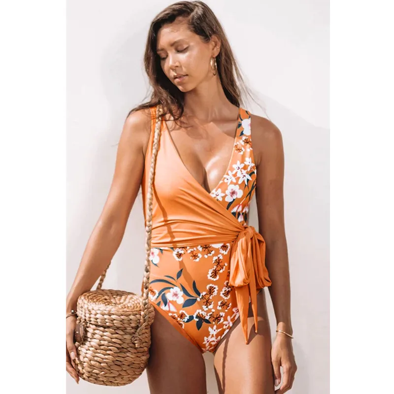 

Ladies Swimwear Brand Comfortable Bikini Wrapped Deep V Neck Tie Design Floral Print One-piece Swimsuit bathing suit women