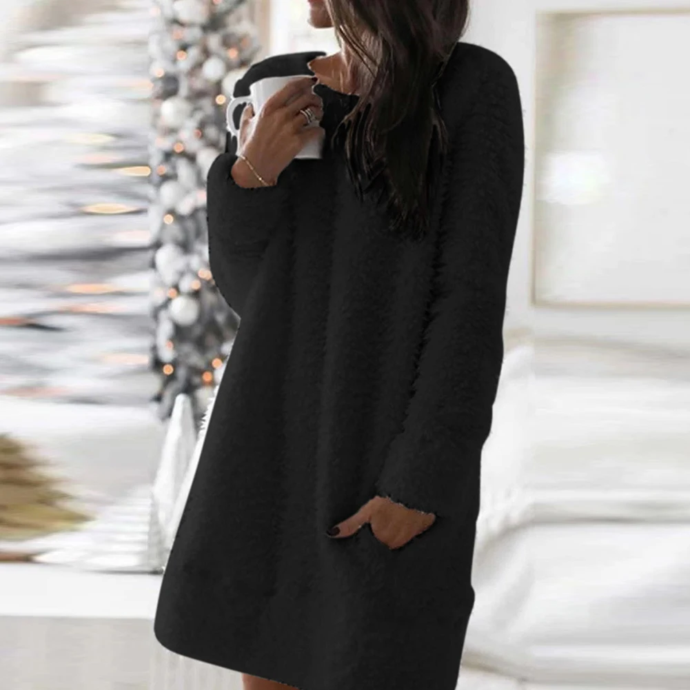 Новинка 2020 женское осенне-зимнее одноцветное платье с длинным рукавом и
