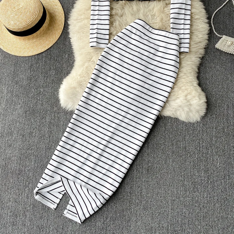 

Spring Autumn 2021 Vintage Two Piece Set Women White Striped O-Neck Long Sleeve Short Tops + High Waist Long Skirt 2pcs Set New
