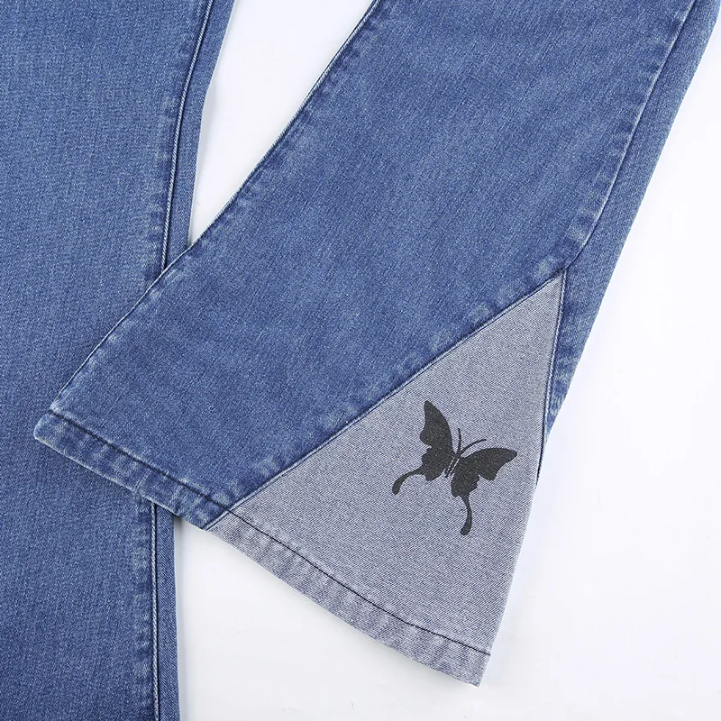 

Butterfly Print Skinny Flare Jeans Patchwork Vintage Wide Leg Pants Women Korean Light Blue Denim Trousers Pantalones Para Mujer