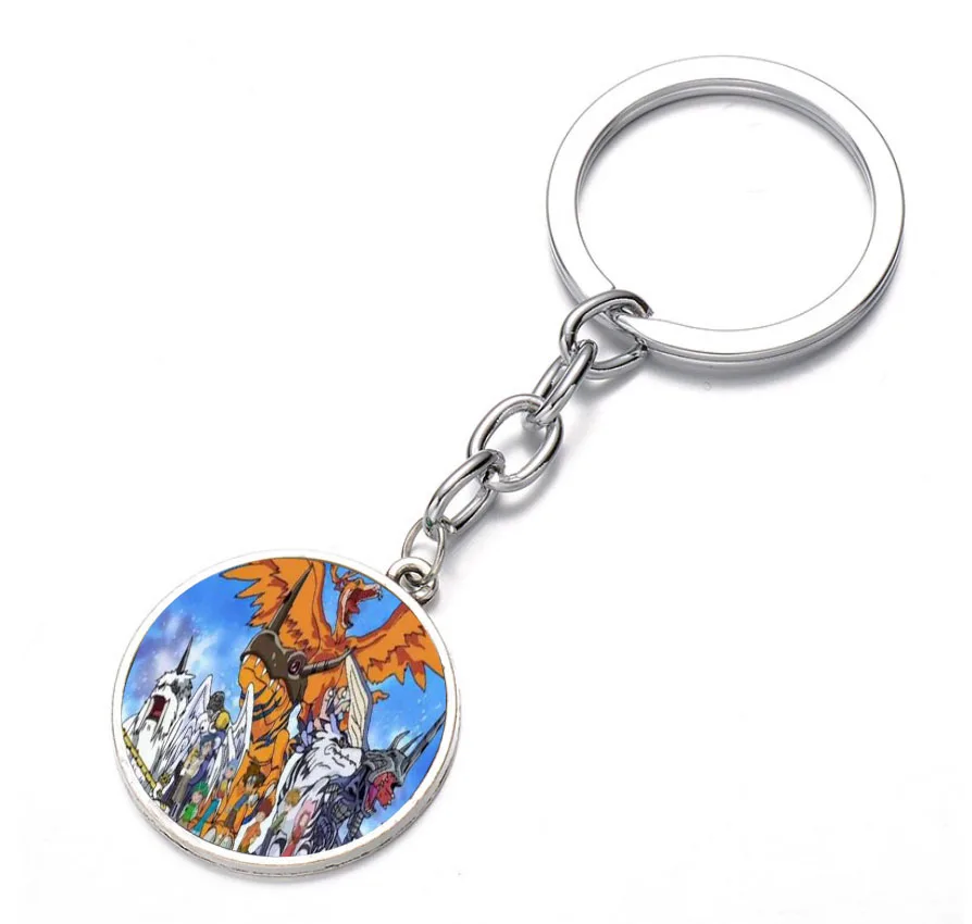 

anime Digimon Adventure Keychain Bronze Silver black Glass Dome Key Chain Bag Charm Keyring Holder Kids boy girl Pendant