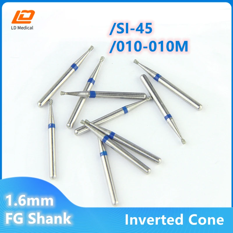

10pcs/set Dental Diamond Burs 010-010M Inverted Cone SI-45 Blue Rings Medium 1.6mm Diameter FG Shank Dentistry Grinding Tools