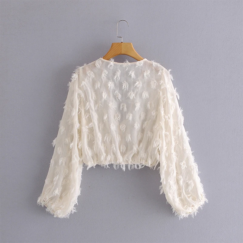 

2021 Spring Autumn Summer Korean Style Women's New Clothing Loose V-neck Feather Pattern Lantern Sleeve Shirt Women Fashionable