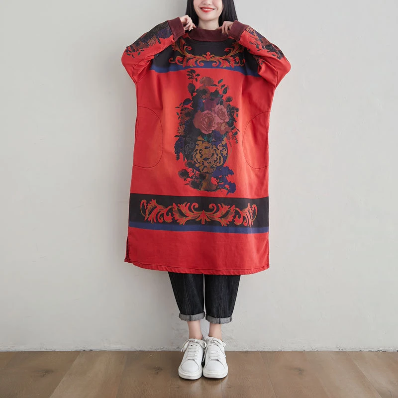 

Turtleneck Dress Women Spring Autumn Knitted cowboy Dresses Vintage Bat Sleeve Plus size Chinese Style Printed Baggy Long Dress