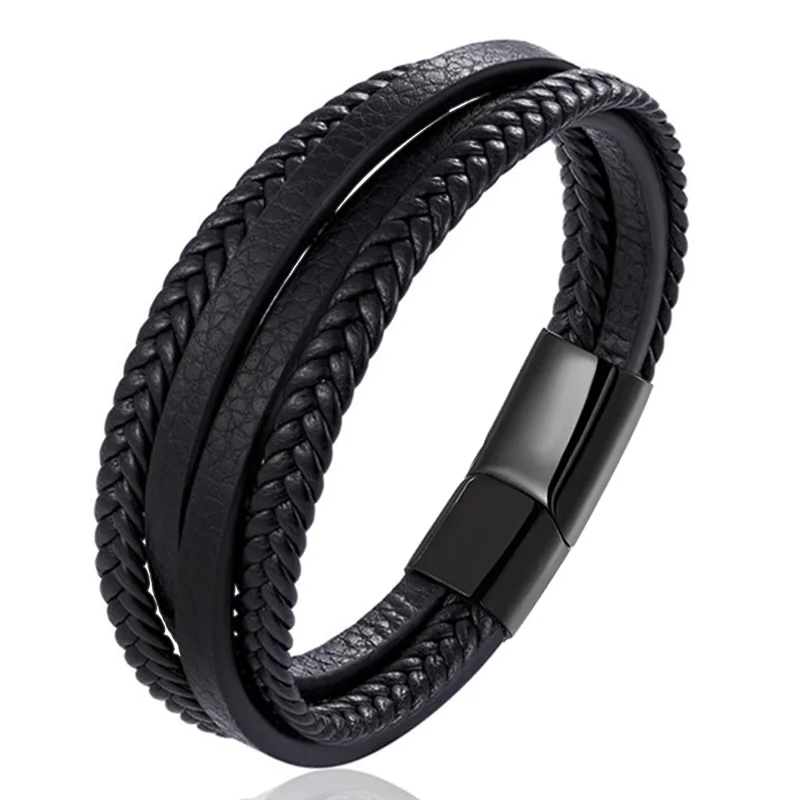 

Fashion Mens Leather Bracelet Stainless Steel Jewelry Magnetic Clasp Cowhide Multi-Layer Braided Leather Rope Chain Men Bracelet