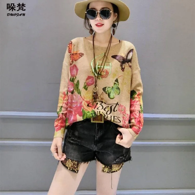 

EBAIHUI весенний Повседневный женский тонкий свитер с цветочным принтом контрастный свитер с круглым вырезом Дамский свободный винтажный дже...