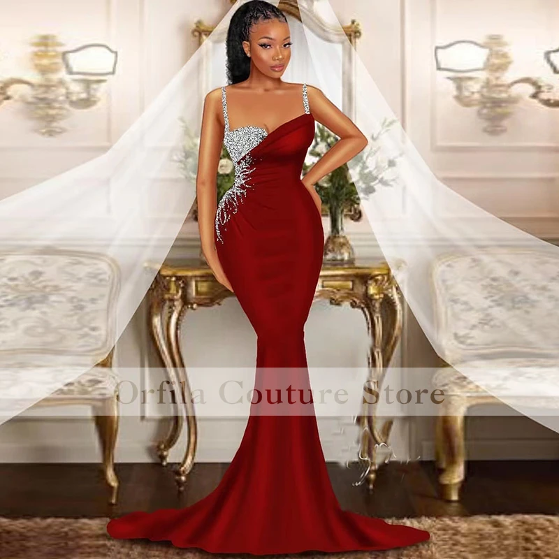

Sexy African Mermaid Evening Dress Spaghetti Straps Beads Sequins Custom Made Women Prom Wear Wedding Reception Dress For Bride