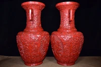 20chinese folk collection old wood tick red tracing lacquerware blooming elephant ear vase a pair office ornaments town house