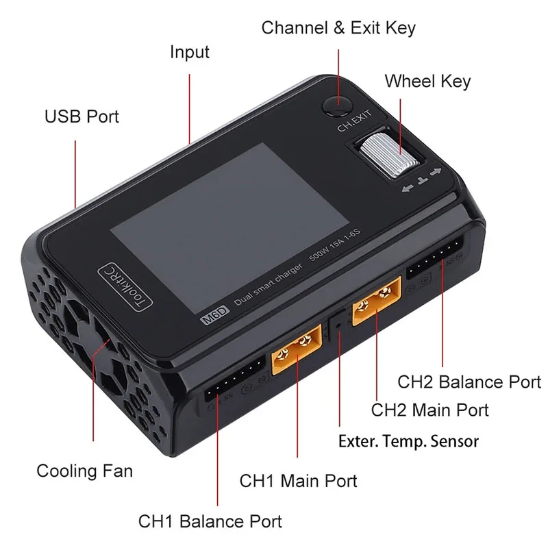 2022 ToolkitRC M6D500W 15A Двухканальное мини-умное зарядное устройство Dis для 2-6S Lipo батареи