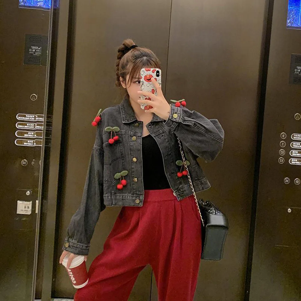 Женская джинсовая куртка с рукавом летучая мышь свободная черная короткая