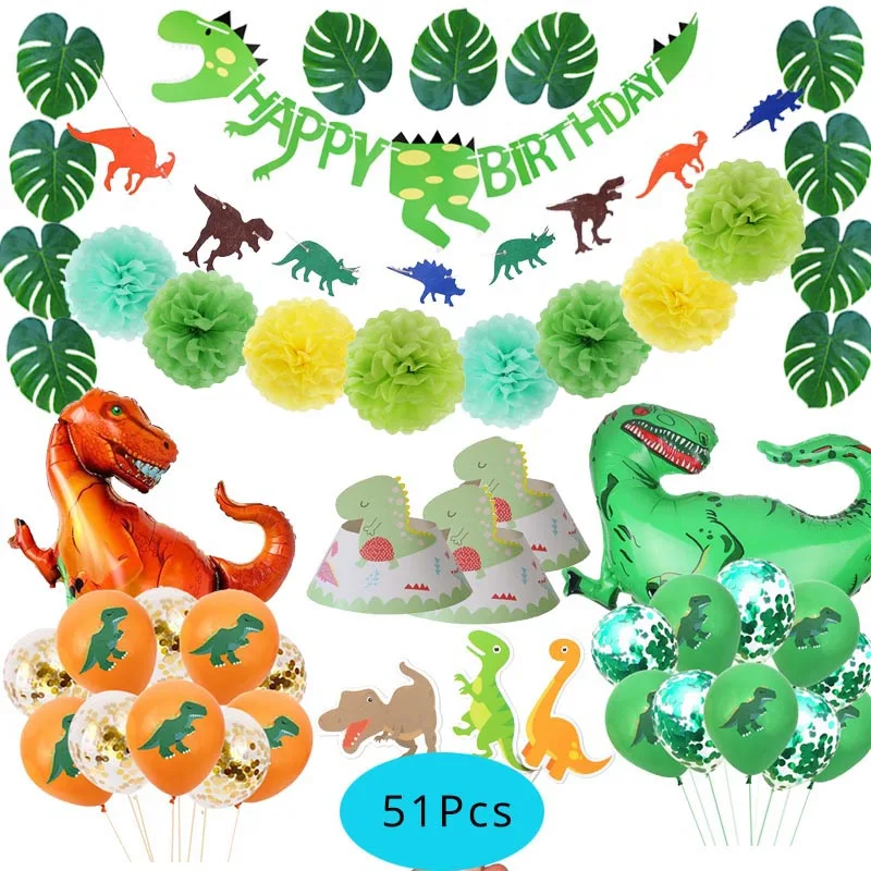 51Pcs set Вечерние принадлежности динозавр бумажный шарик одноразовые трубочки набор посуды день рождения детей, мальчика вечерние украшения джунгли Вечерние - Цвет: 51Pcs set