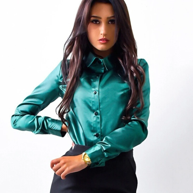

Blusa Women Blouse Elegant Wine red Green Satin Shirt Turn Down Collar Longth Sleeve Female Formal Office OL Blouse Women Tops