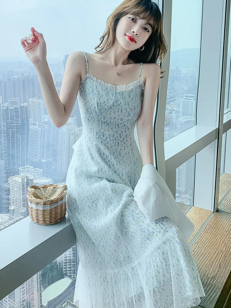 

Chiffon Slim Women's Dress New Casual Fashion Dresses Floral Print V-neck Spaghetti Strap Mid-length Summer Houthion A-LINE