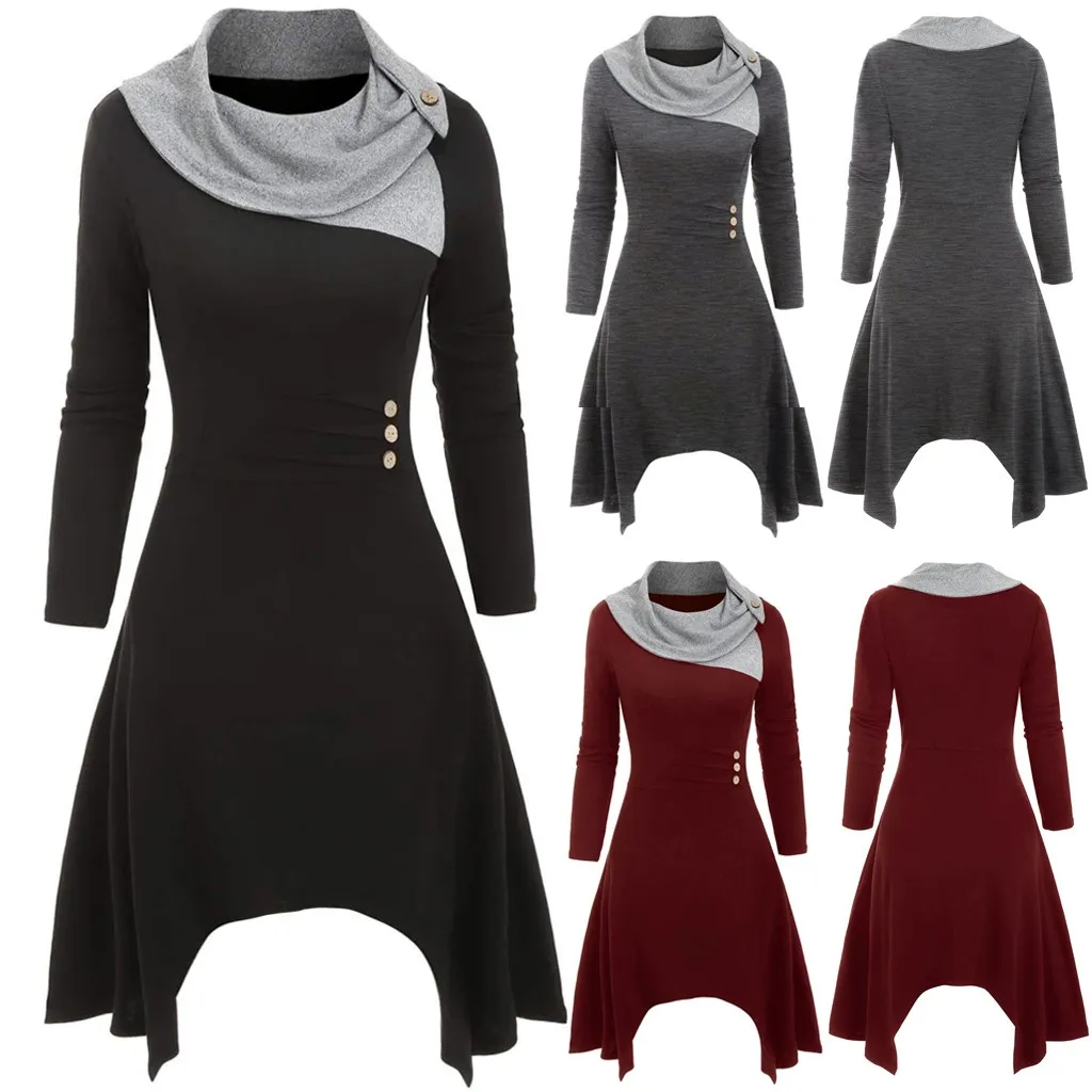 Женское асимметричное трикотажное платье с воротником шарфом и пуговицами