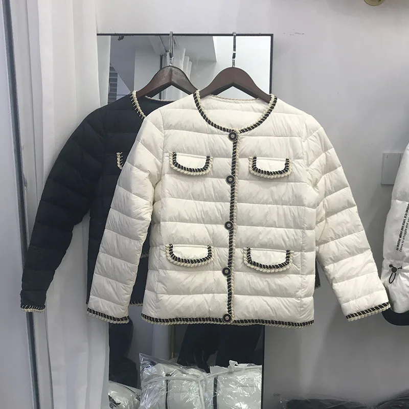 

Elegant temperament, thin and warm white duck down round neck short commuter down jacket women's winter down jackets