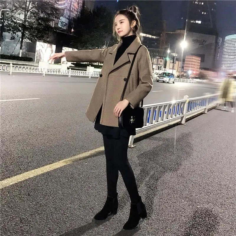 

2021 Autumn Winter Women Wool Jackets Solid Color Long Sleeve Coat Women Mid-length Wool Blends Coat Women's Loose Overcoat L997