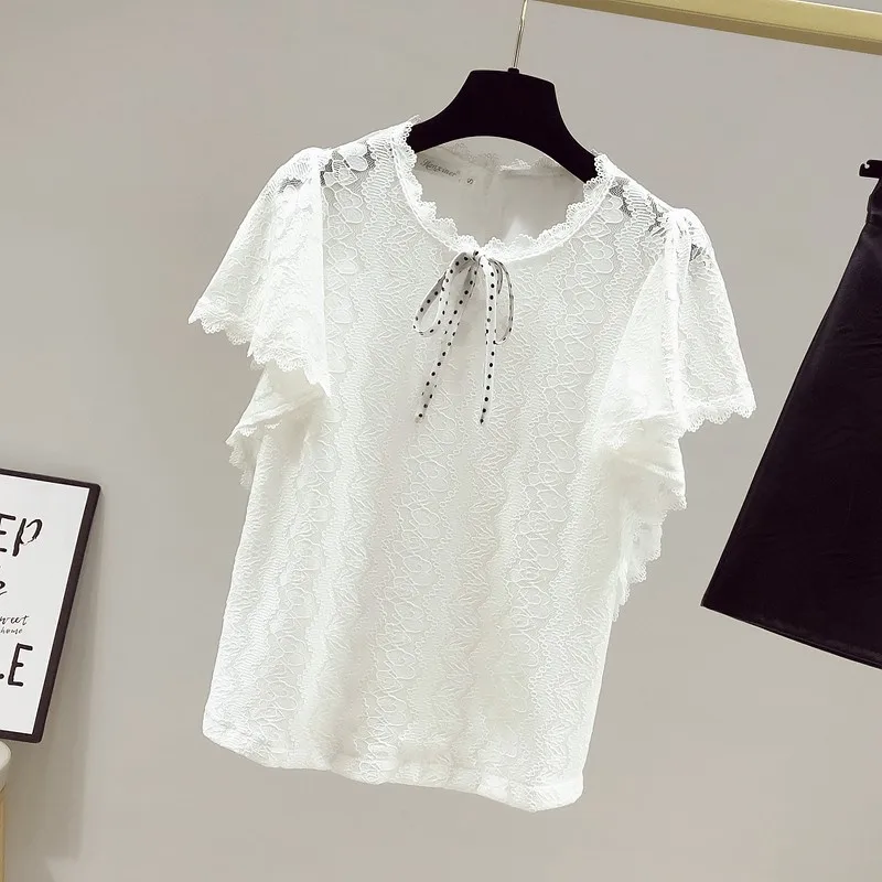 

Women Summer White Lace Casual Blouses New Arrival 2021 Korean Style O-neck Flying Sleeve Loose Ladies Elegant Tops Shirts W370