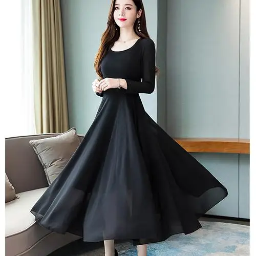 Black Dress Длинное Макси платье осень зима длинный рукав плюс размер шифоновое платье миди винтажное элегантное женское облегающее вечерние платья Vestidos - Цвет: Black Dress
