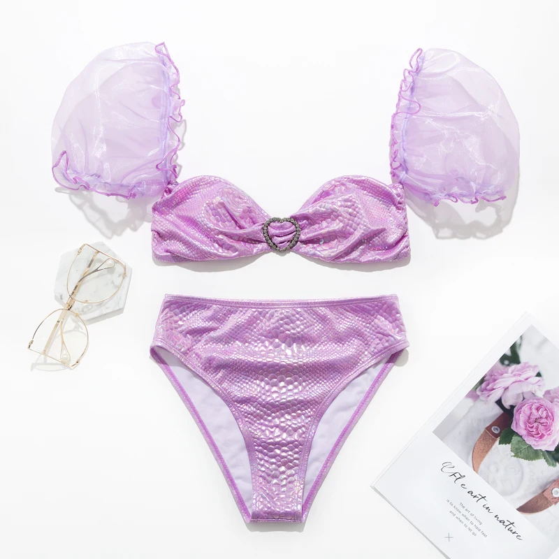 Sexy mesh sleeve swimsuit female bandeau bikini 2020 Snakeskin shiny swimwear women swim suit Pink purple bathing swimming | Женская