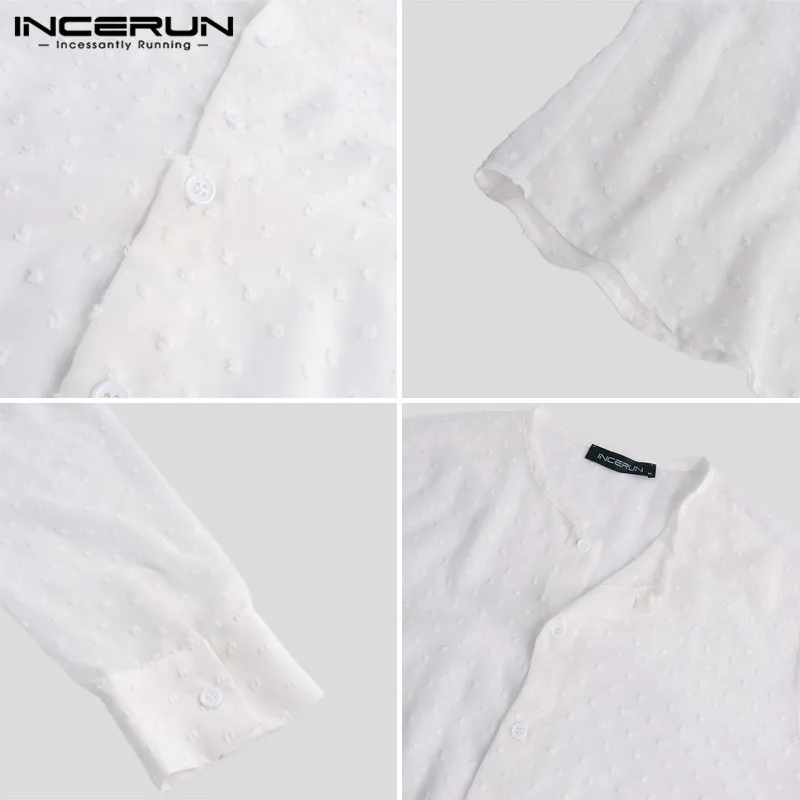 

INCERUN Solid Color Shirt Men Streetwear Jacquard Casual Long Sleeve Handsome Thin Blouse Fashion Dress Shirts Men S-5XL 2021